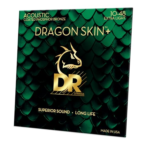 DR DAP-10 - DRAGON SKIN+™ Beschichtete Phosphorbronze Akustikgitarrensaiten, Überlegener Klang mit angenehmer Haptik & langer Lebensdauer, extra leicht 10-48 von DR Strings