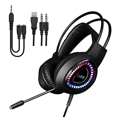 DR1TECH FireScout+ LED Kopfhörer Mit Kabel Und Mikrofon Für PC/PS/Xbox - 40mm Over Ear Kopfhörer Treiber mit Audio Stereo - 3.5mm Klinkenstecker und USB + Adapter Enthalten von DR1TECH