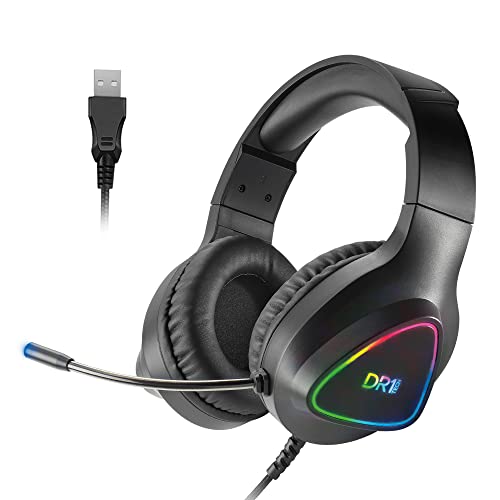 DR1TECH GrayEagle+ Professional Gaming LED RGB Kopfhörer Für PC Mit USB Kabel Und Mikrofon - 7.1 Surround Sound New GEN - 50mm Over Ear Kopfhörer Treiber (Full Immersion) von DR1TECH