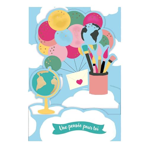 Draeger Paris - Pop Up Karte, Karte 3D Grußkarte mit Umschlag - "Une pensée pour toi" Luftballons Weltkugel und bunte Pinsel - format 18 x 11,5 cm von DRAEGER