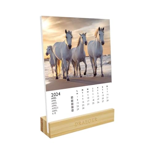 DRAEGER PARIS | Kalender auf Ständer Pferde 2024 | 12 x 16,5 cm | Jahr 2024 | 7 Sprachen | Monatlicher Schreibtisch-Dekorationskalender | Bambusbasis | FSC®-zertifiziertes Papier | Pflanzentinten von DRAEGER