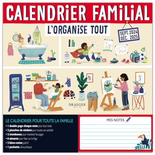 Family Calendar 2024-2025 - 28,5x28 cm - L'organise tout - 16 monthly grids containing 5 columns for each family member - 2 notepads, 2 paper clips and 6 magnets von DRAEGER