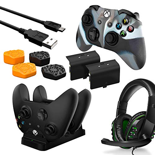 Das Premium Zubehörpaket für Xbox One enthält ein Headset, Sechskant-Daumengriffe, einen doppelten Akku, eine Ladestation, ein Ladekabel und ein Tarn-Set für das Camouflage Controller Haut von DRAGON SLAY