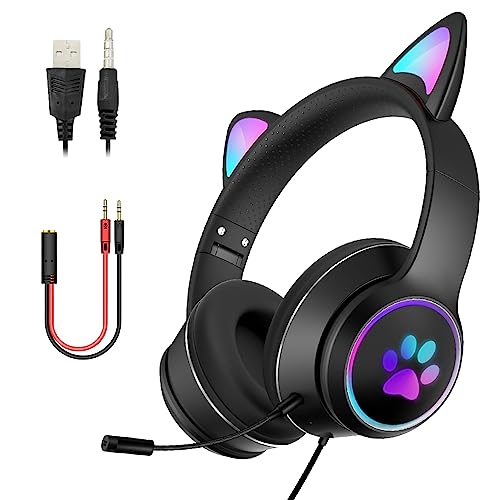 LED-Katzenohr-Kopfhörer, Gaming-Headset für Erwachsene und Jugendliche, verstellbares, gepolstertes Kopfband, abnehmbares Mikrofon, Geräuschunterdrückung und RGB-Licht (Schwarz, USB + 3,5 mm Klinke) von DRAGON SLAY