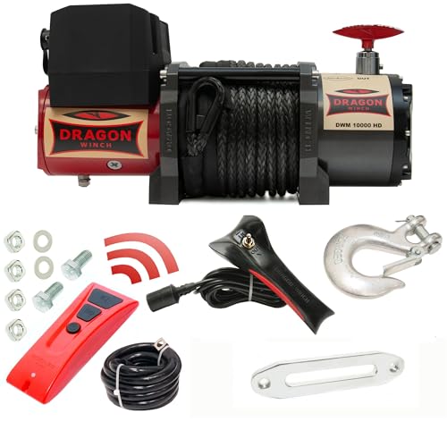 Dragon Winch Elektrische Seilwinde Maverick 12V I 10000 lbs / 4536kg, mit Synthetikseil 25m für Abschleppwagen, Kommunalfahrzeuge und Feuerwehrfahrzeuge mit kabelloser Fernbedienung + Winde Zubehör von DRAGON WINCH