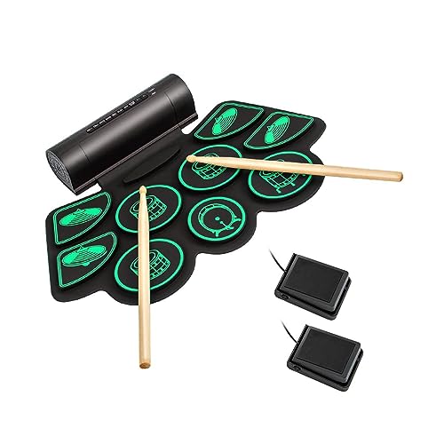 DREAMADE Schlagzeug Elektronisch mit 9 Pads, Aufrollbar E-Drum Set mit 2 Stereolautsprechern & 4 Demos & 9 Begleitmusik, Elektronisches Schlagzeug Set für Anfänger (Grün) von DREAMADE