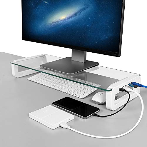 Monitorständer für Schreibtisch mit 4 USB 3.0, Laptopständer Glas Computer Bildschirm Riser, Bildschirm Erhöhung Ständer mit USB-Kabel Organizer Laptop Monitor Ständer für PC/Laptop/iMac-Schwarz von DREAMSOULE