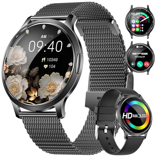 DREMAC Smartwatch Damen,1.32'' Amoled Kreisbogen Display,Damen Armbanduhr mit Pulsumesser/Menstruationszyklus/SpO2/Schlafmonitor,IP68 Wasserdicht Fitness Tracker für iOS Android Schwarz von DREMAC