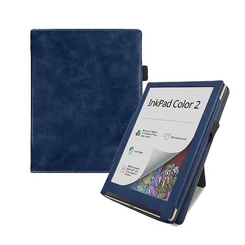 DRENGE Standgehäuse kompatibel mit Pocketbook InkPad Color 2 & InkPad 4 7,8 Zoll PB743 PU-Leder-Magnetabdeckung mit Handschlaufe (Color : Navy Blue) von DRENGE