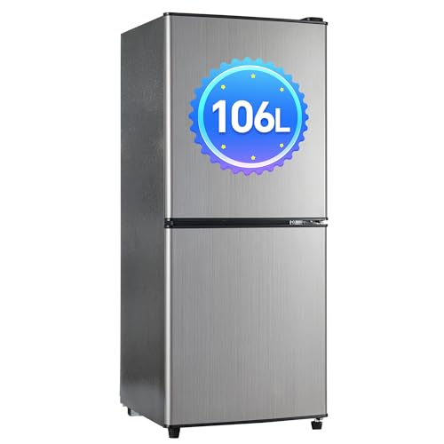 DRIXNO 106L-Zweizonen-Energiesparkühlschrank, 60L-Kühlschrank + 46L-4-Sterne-Gefrierschrank, 7 Temperatureinstellungen, 45 dB, Grau-Silber gebürstet, LED-Beleuchtung von DRIXNO