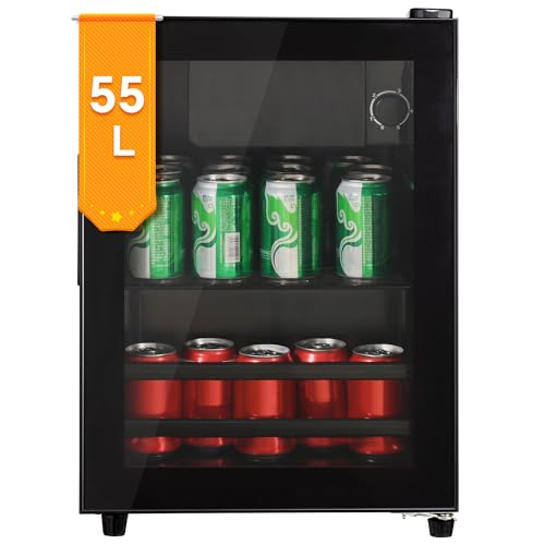 DRIXNO 55L Mini Kühlschrank mit Gefrierfach, Getränkekühlschrank mit Glastür, Klein Kühlschrank Getränke, 3L-Gefrierschrank + 52L-Kühlschrank, fasst bis zu 31 Dosen Limonade, Wasser, Bier, Wein. von DRIXNO