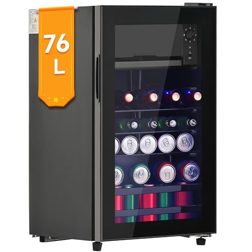 DRIXNO 76L Mini Kühlschrank mit Gefrierfach, Getränkekühlschrank mit Glastür, Klein Kühlschrank Getränke, 6L-Gefrierschrank + 70L-Kühlschrank, fasst bis zu 51 Dosen Limonade, Wasser, Bier, Wein. von DRIXNO