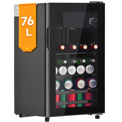 DRIXNO 76L Mini Kühlschrank mit Gefrierfach, Getränkekühlschrank mit Glastür, Klein Kühlschrank Getränke, 3L-Gefrierschrank + 73L-Kühlschrank, fasst bis zu 51 Dosen Limonade, Wasser, Bier, Wein. von DRIXNO