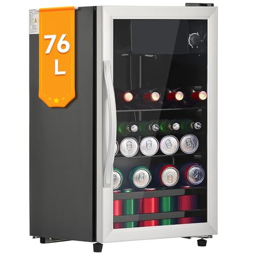 DRIXNO Kühlschrank mit Gefrierfach Türen aus Aluminiumlegierung, 15" Getränkekühlschrank mit Glastür, 6L-Gefrierschrank 70L-Kühlschrank Klein/Mini, fasst bis zu 51 Dosen Limonade, Bier, Wein. von DRIXNO