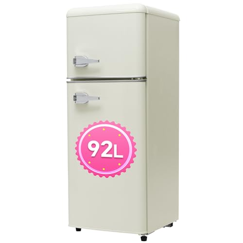 DRIXNO Retro-Kühlschrank, Kühlschrank mit Gefrierfach Klein, 92 Liter 105.5 cm Hoch, 41 cm Breit, Zweitürig, 28 Liter Gefriervolumen, 181 kWh/Jah von DRIXNO