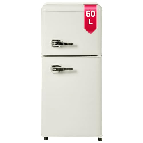 DRIXNO Retro-Kühlschrank, kühlschrank klein mit gefrierfach, Mini Kühlschrank Weiß, 60 Liter Gesamtvolumen, mit 22 Liter Gefriervolumen, 163 kWh/Jahr, LED-Licht. von DRIXNO