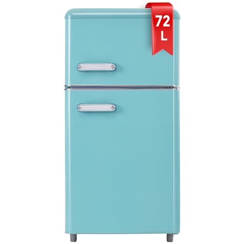 DRIXNO Retro-Kühlschrank, oberer und unterer Doppeltür-Kühlschrank Blau, 72 Liter Gesamtvolumen, mit 21 Liter Gefriervolumen, 120 kWh/Jahr, LED-Licht von DRIXNO