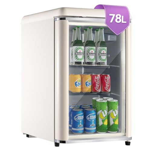 DRIXNO Retro Kühlschrank Getränkekühlschrank 78L mit Chromleiste, Klein Kühlschrank mit Glastür Eingebautes LED-Licht, Verstellbare Einlegeböden, 43dB leiser Betrieb, Geeignet für Haus, Büro, Beige von DRIXNO