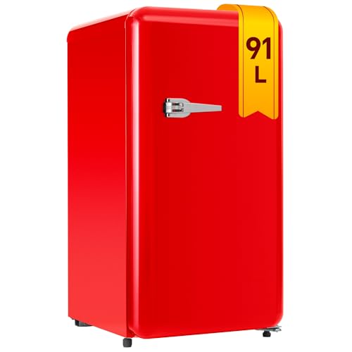 DRIXNO Retro Kühlschrank Rot, 91 Liter Mini Getränkekühlschrank mit Gefrierfach, Kühlschrank mit Gefrierfach Klein 85 kWh/Jahr, LED-Licht. von DRIXNO