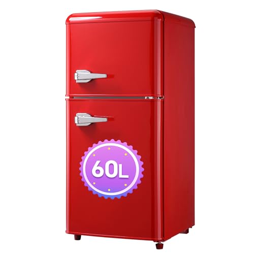 DRIXNO Retro-Kühlschrank Rot Gefrierkombination. 86,8 cm hoch, 45,5 cm breit, zweitürig, mit 60 Liter Gesamtvolumen, 22 Liter Gefriervolumen. 163 kWh/Jahr, -27°C ∽ 13°C, LED-Licht DRIXNO Retro-Kühlschrank Rot Gefrierkombination. 86,8 cm hoch, 45,5 cm breit, zweitürig, mit 60 Liter Gesamtvolumen, 22 Liter Gefriervolumen. 163 kWh/Jahr, -27°C ∽ 13°C, LED-Licht von DRIXNO
