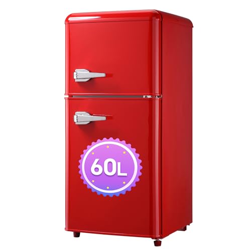DRIXNO Retro-Kühlschrank Rot Gefrierkombination. 86,8 cm hoch, 45,5 cm breit, zweitürig, mit 60 Liter Gesamtvolumen, 22 Liter Gefriervolumen. 163 kWh/Jahr, -27°C ∽ 13°C, LED-Licht von DRIXNO
