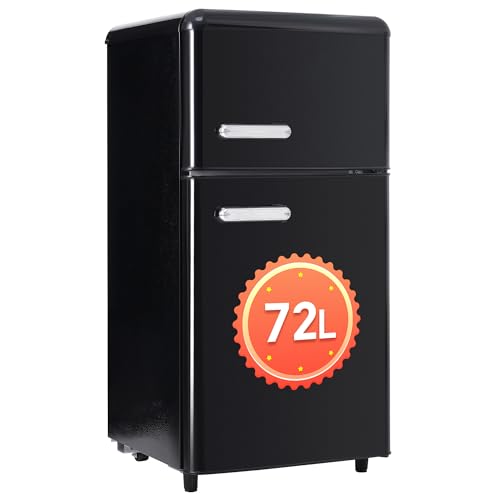DRIXNO Retro-Kühlschrank mit Gefrierfach Klein, Doppeltür-Kühlschrank Mini, 72 Liter Gesamtvolumen, mit 21 Liter Gefriervolumen, 120 kWh/Jahr, LED-Licht. von DRIXNO