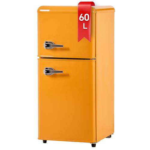 DRIXNO Retro-Kühlschrank. Gefrierkombination. 86,8 cm hoch, 45,5 cm breit, zweitürig, mit 60 Liter Gesamtvolumen, 22 Liter Gefriervolumen. 163 kWh/Jahr, -27°C ∽ 13°C,LED-Licht von DRIXNO