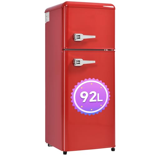 DRIXNO Retro-Kühlschrank. Kühl-Gefrier-Kombination, 105.5 cm hoch, 41 cm breit, zweitürig, mit 92 Liter Gesamtvolumen, 28 Liter Gefriervolumen. Türregale und Glasregale. 181 kWh/Jahr, von DRIXNO