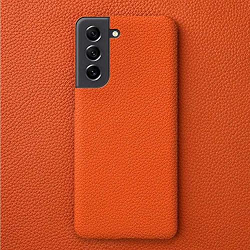 DRXVE Hülle Litschi Muster Echtes Leder Hüllen Handyhülle für Samsung S21 FE S21 S21Ultra S22 Plus, orange, für Samsung S22 Ultra von DRXVE