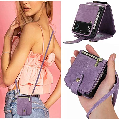 Leder-Crossbody-Hülle für Samsung Galaxy Z Flip 4 Cover Cross Body Strap Elegant Wallet Cards Capa für Samsung Z Flip 3, lila Hülle, für Galaxy Z Flip 3 Leder-Crossbody-Hülle für Samsung Galaxy Z Flip 4 Cover Cross Body Strap Elegant Wallet Cards Capa für Samsung Z Flip 3, lila Hülle, für Galaxy Z Flip 3 von DRXVE