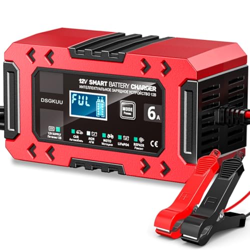 Autobatterie Ladegerät, 12V/6A Smart vollautomatische KFZ Batterieladegerät mit Temperaturkompensation für Auto LKW Motorrad Rasenmäher Boot Marine Batterien Rot (RED) von DSGKUU