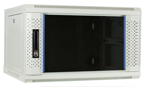 6HE Netzwerkschrank (Serverschrank) 19 Zoll Wandmontage - mit Glastür - Weiß - (BxTxH) 600 x 450 x 367 mm - Traglast 60 kg von DSIT