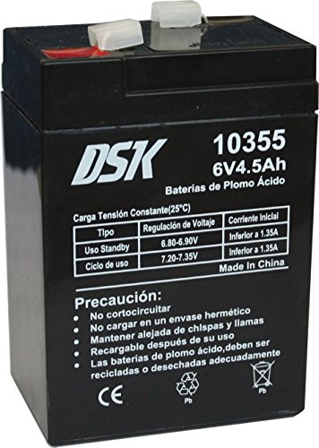 DSK 10355 - Versiegelte wiederaufladbare AGM-Bleibatterie mit 6 V und 4,5 Ah. Ideal für Haushalts- und Industriealarme, elektrisches Spielzeug, Zäune, Waagen und Mobilitätsgeräte, Schwarz von DSK