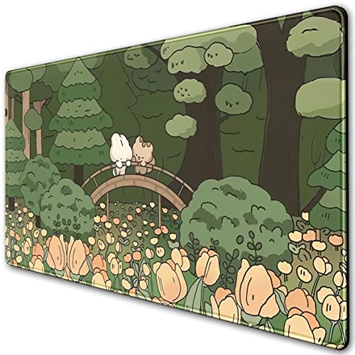 Anime Forest Schreibtischmatte, süßes grünes Mauspad, Kawaii ästhetisches komplettes Schreibtisch-Pad, XXL-Gaming-Mauspad, XL, erweiterte koreanische Tiere, 80x39 cm, rutschfest und genähte Kanten von DSKGSJH