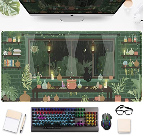 Niedliche regnerische Nacht-Schreibtischmatte, grüne Pflanzen, Schreibtischunterlage, Anime schwarze Katze, Kawaii, großes Gaming-Mauspad, Laptop-Tastaturpad für Frauen, Schreibtisch 80x40 cm von DSKGSJH
