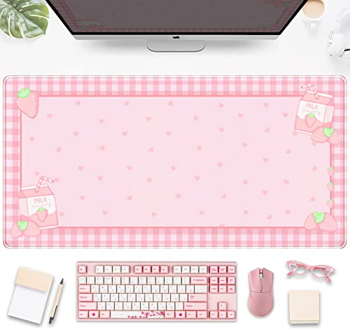 Niedliche rosa karierte Schreibtischunterlage, Erdbeermilch, Gaming-Schreibtischunterlage, Kawaii-erweitertes Mauspad, Kawaii, große Tastatur-Matten, XXL, Laptop-Matte für Schreibtisch, von DSKGSJH