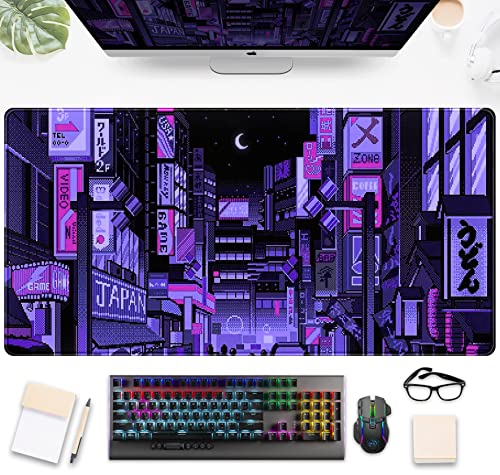 Tokyo Street Schreibtischunterlage Violett, süßes Retro großes Gaming Mauspad, ästhetische Neon-Pixel Skyline/City Schreibtischmatte, Schreibtischdekoration Pads für Frauen 80x40 cm von DSKGSJH