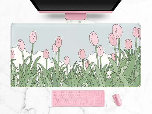 WatercolorTulip Mauspad, erweitertes Gaming-Mauspad, XXL, Kawaii-Anime-Schreibtischmatte, rosa und grün, großes komplettes Schreibtisch-Mauspad für kabellose Maus, Tastaturmatte mit genähten Kanten, von DSKGSJH