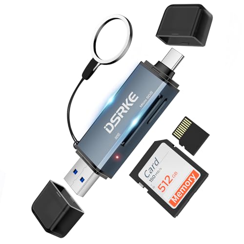 DSRKE SD Kartenleser mit USB 3.0/USB C Dual-Stecker für Computer/Telefon, Aluminum Highspeed Kartenlesegerät OTG Adapter, für SD/Micro SD/SDXC/SDHC/MMC/RS-MMC/UHS-I mit Windows/Mac OS/Android von DSRKE