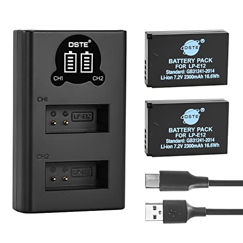 DSTE LP-E12 Ersatzakku (2er Pack) und Smart LED Dual USB-Ladegerät Kompatibel mit Canon EOS M100, Rebel SL1, EOS 100D, EOS M, EOS M2, EOS M10 von DSTE Electron