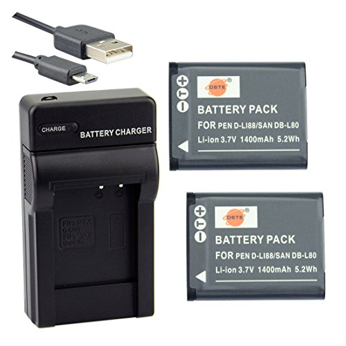 DSTE D-LI88 Li-Ionen Batterie (2-Pack) und Micro USB Ladegerät Anzug Kompatibel mit Pentax Optio H90, P70, P80, W90, WS80 von DSTE