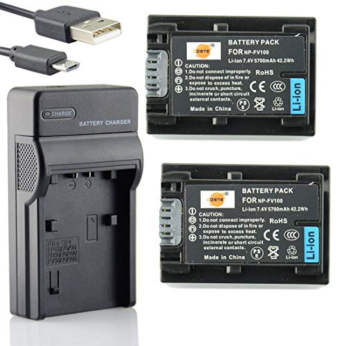 DSTE NP-FV100 Li-Ionen Batterie (2-Pack) und Micro USB Ladegerät kompatibel mit Sony DCR-SR15 SR21 SR68 SR88 SX15 SX21 SX44 SX45 SX63 SX65 SX83 SX85 von DSTE