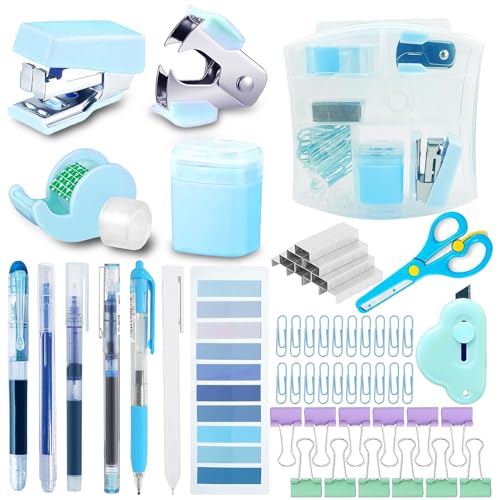 Mini Bürobedarf Set Blu, Schreibtisch Zubehör Kit, Includes Mini Stacker,Scissors, Staple Remover, Staples, Tape Dispenser, Transparente Haftnotizen Flaggen, Mini Box Cutter, Büroklammern (Blue) von DSTLWBCS