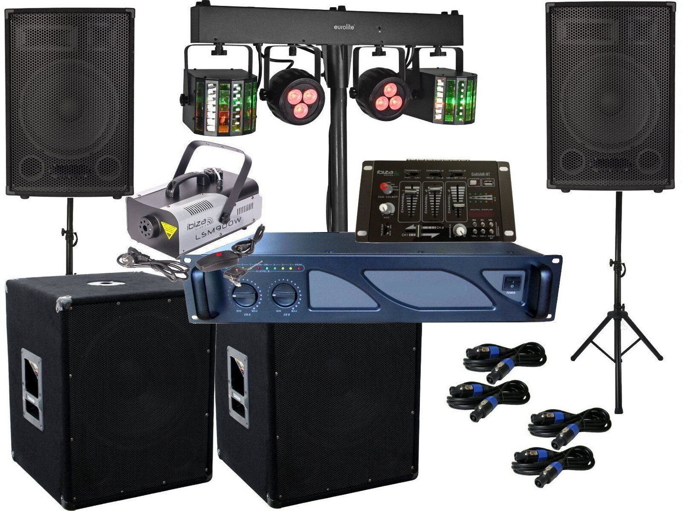 DSX DJ Set Verstärker Mixer Subwoofer Boxen Nebel LED Licht Anlage Party-Lautsprecher (980 W) von DSX