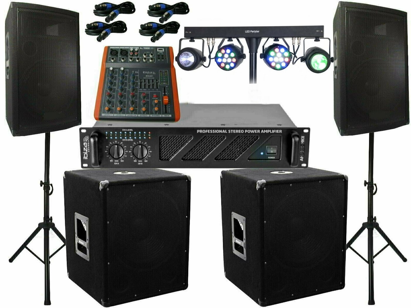 DSX Das Komplett Set DJ 25 cm Boxen Stativ Subwoofer 3000 W LED Licht Lautsprecher (1100 W) von DSX