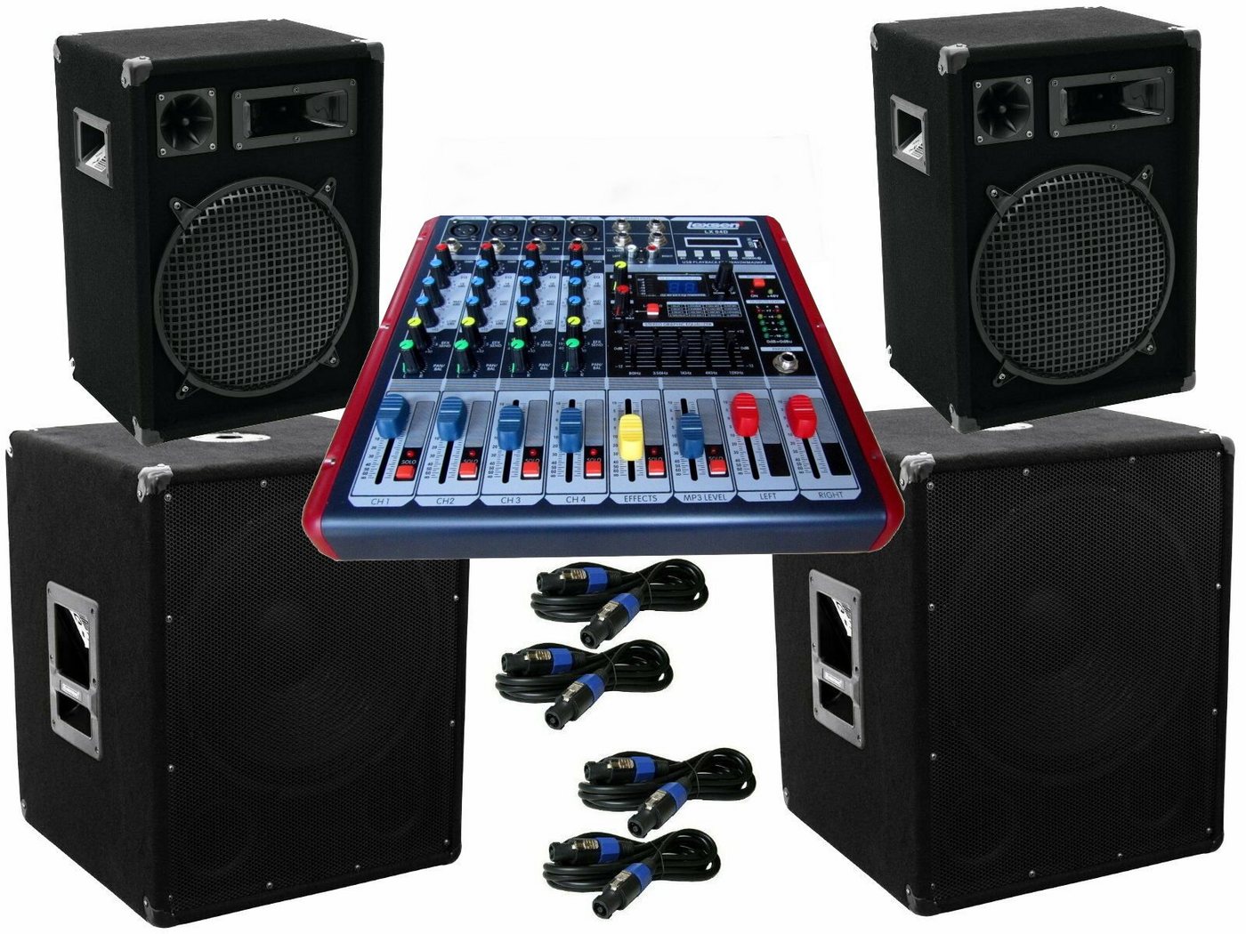 DSX Das PA-SET 22501 Powermixer Musik Anlage 3 wege 30cm Boxen 4 x 30cm Su Party-Lautsprecher (1900 W) von DSX