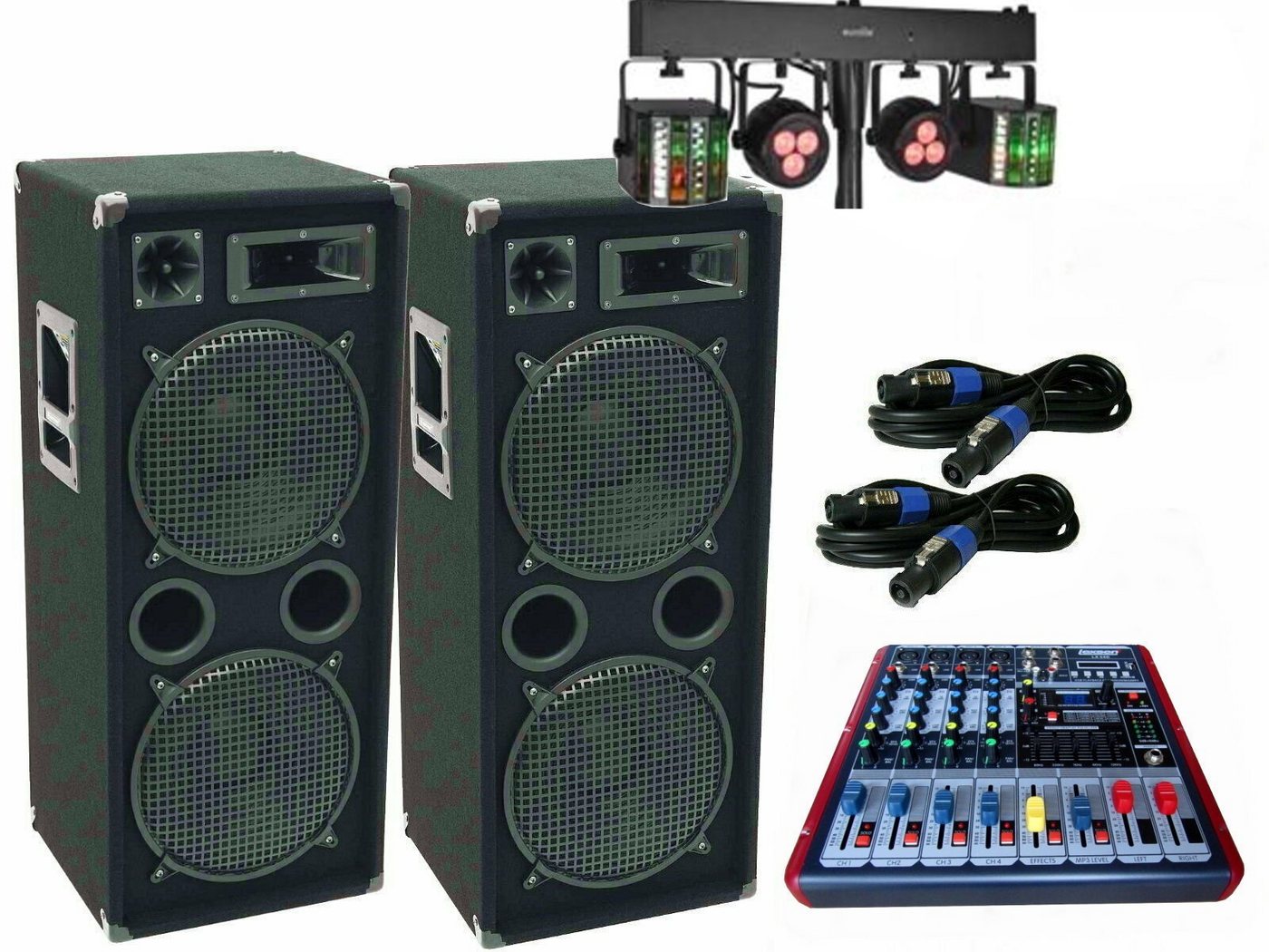 DSX PA DJ Komplett Set 14 LED Licht 4x30cm Subwoofer Powermixer Party-Lautsprecher von DSX
