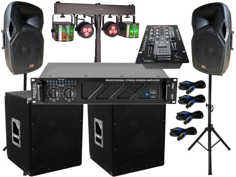 DSX PA Set DJ 2Wege 38 cm Boxen Stativ 38cm Subwoofer 3600W LED Lichtset Party-Lautsprecher von DSX