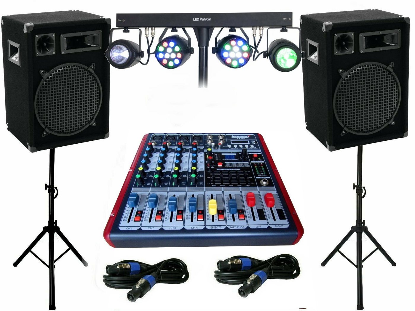 DSX Pa Set 4 Kanal Powermixer Musik Anlage Boxen Stativ Kabel Lichtset Party-Lautsprecher (800 W) von DSX