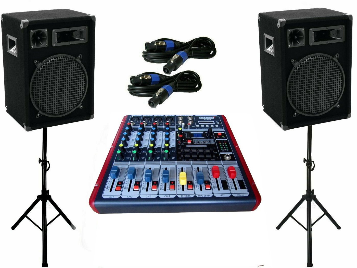 DSX Pa Set 4 Kanal Powermixer Musik Anlage Boxen Stativ Kabel Party-Lautsprecher (1300 W) von DSX